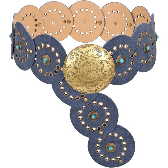 Woman's Western PU Leather Belts Concho Disc Wide Waist Belt Denim Bronze Buckle - Picture 1 of 6